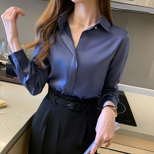 Woman Blouse Solid Shirts Blue