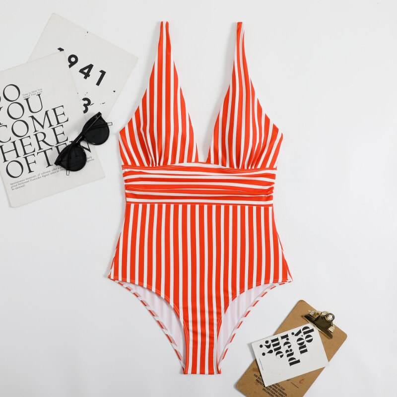 Striped Plunge One Piece Swimsuit