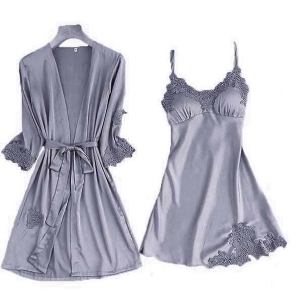 Satin Lace Pyjamas Set Gray Set - C