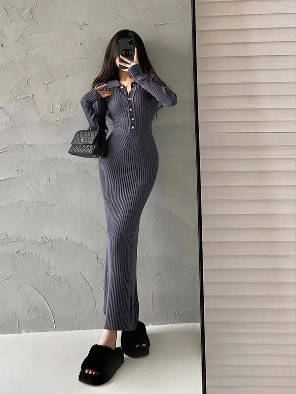 Single Breasted Long-sleeve Knitted Fishtail Dress Carbon grey