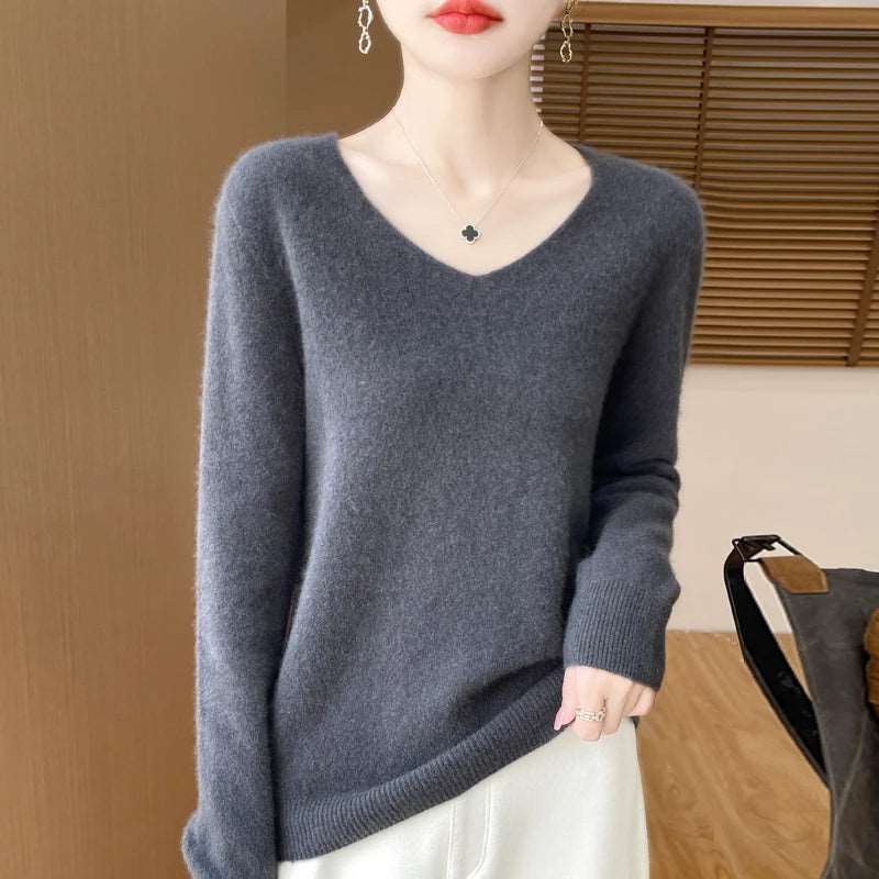 100% Merino Wool V-Neck Sweater Pullover Dark Grey CHINA