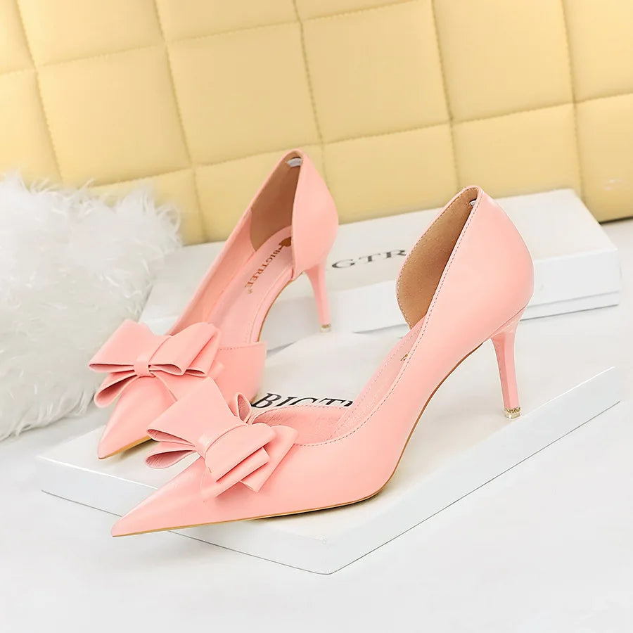 Bow pointed Stiletto high Heel Shoes Pink7.5cm