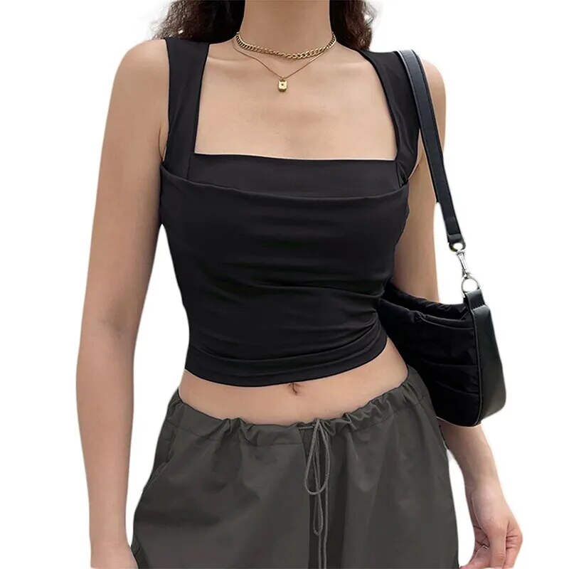 Women Summer Solid Color Slim Fit Crop Tank black  Tops