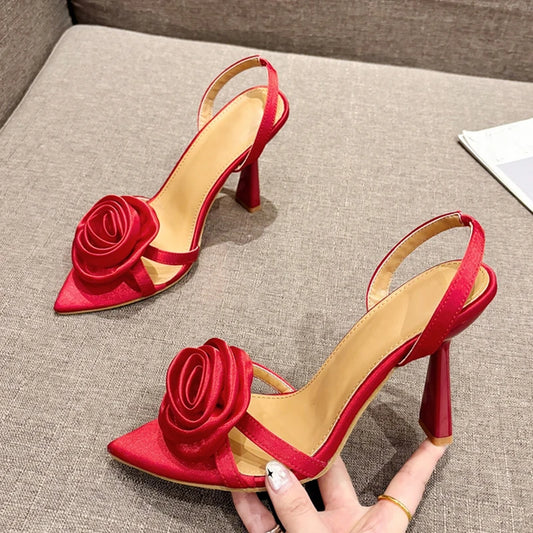 Fashion Satin Rose Flower Pointed Open Toe Back Strap high heels Sandals