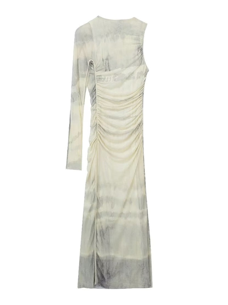 Women Fashion Printed Tulle Semi-sheer Midi white Dress