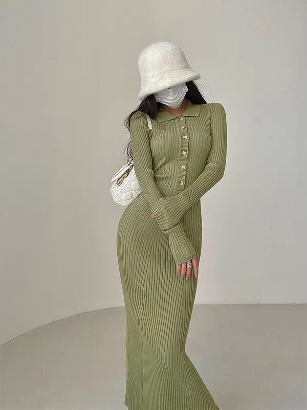 Single Breasted Long-sleeve Knitted Fishtail Dress green