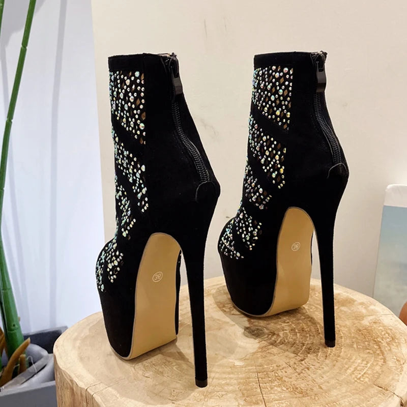 Autumn Hollow Out Rhinestone Mesh Ankle Boots