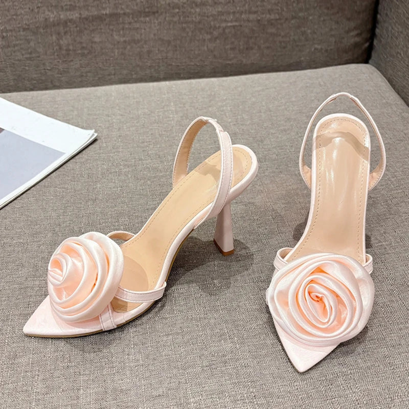 Fashion Satin Rose Flower Pointed Open Toe Back Strap high heels Sandals Pink