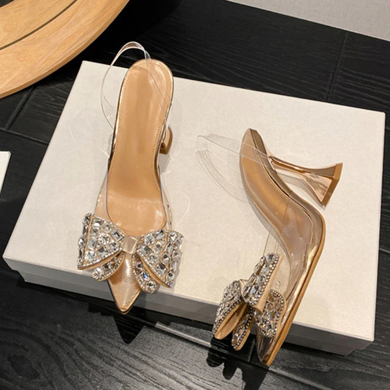 Women Crystal Bowknot Pointed Toe  Slingback finest High Heels