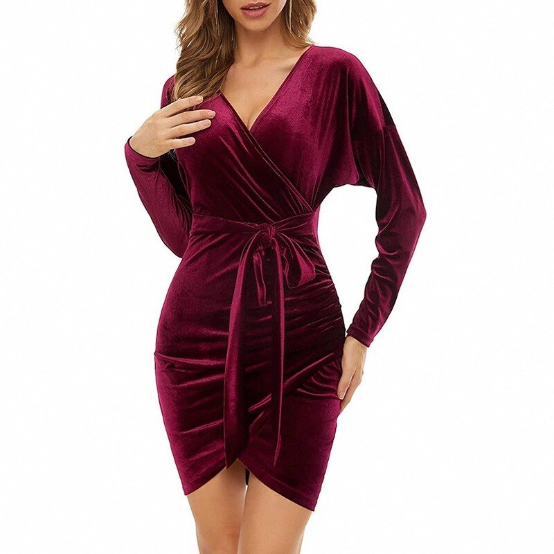 Velvety bodycon wrap Mini Dress G3324 Belts Wine Red