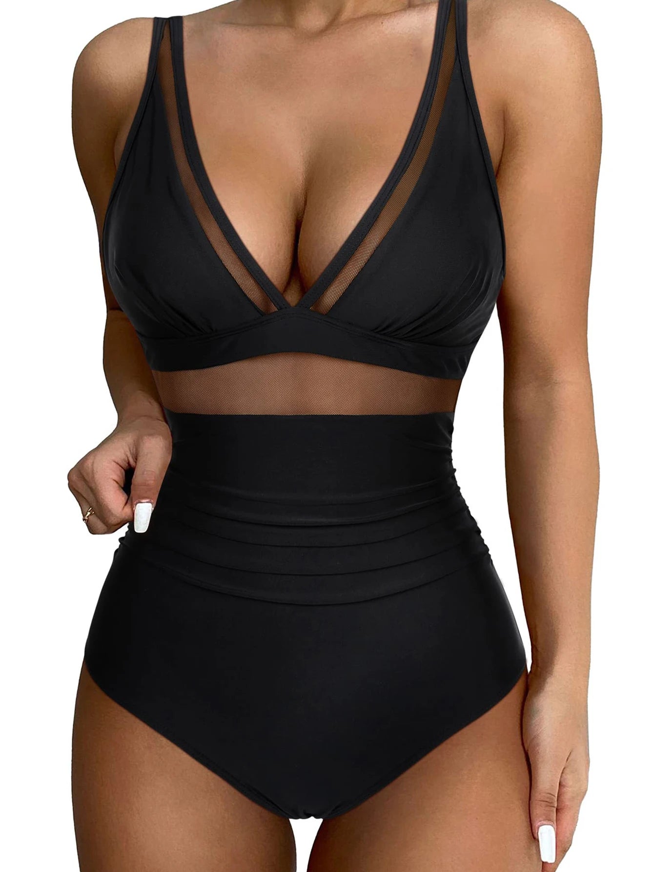 New Mesh Patchwork One Piece black Swimsuit