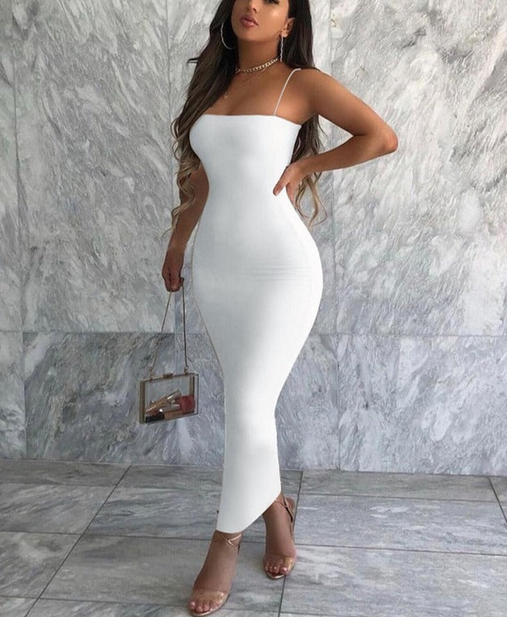 Women Solid White Black Strap Midi Dress