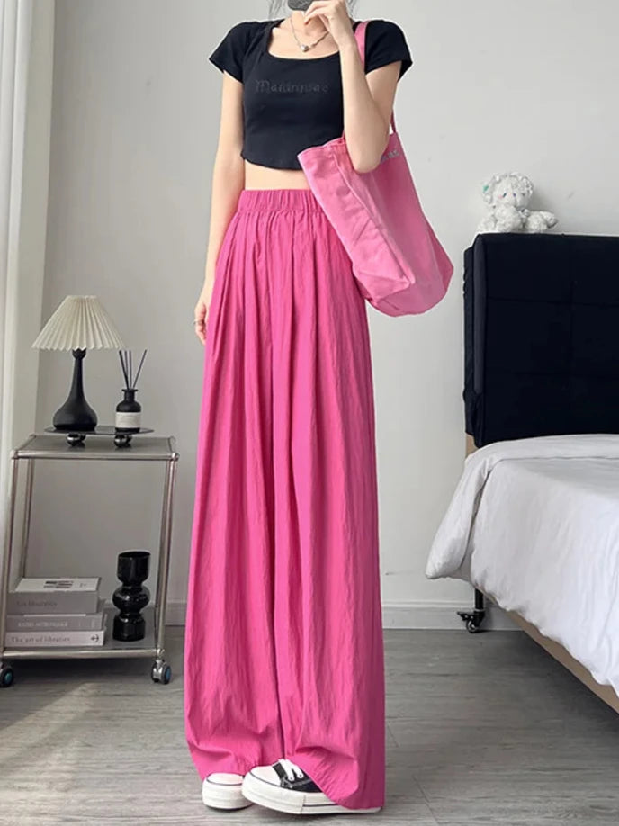 Elasticated waistband Wide Leg Trousers for Women Rose red