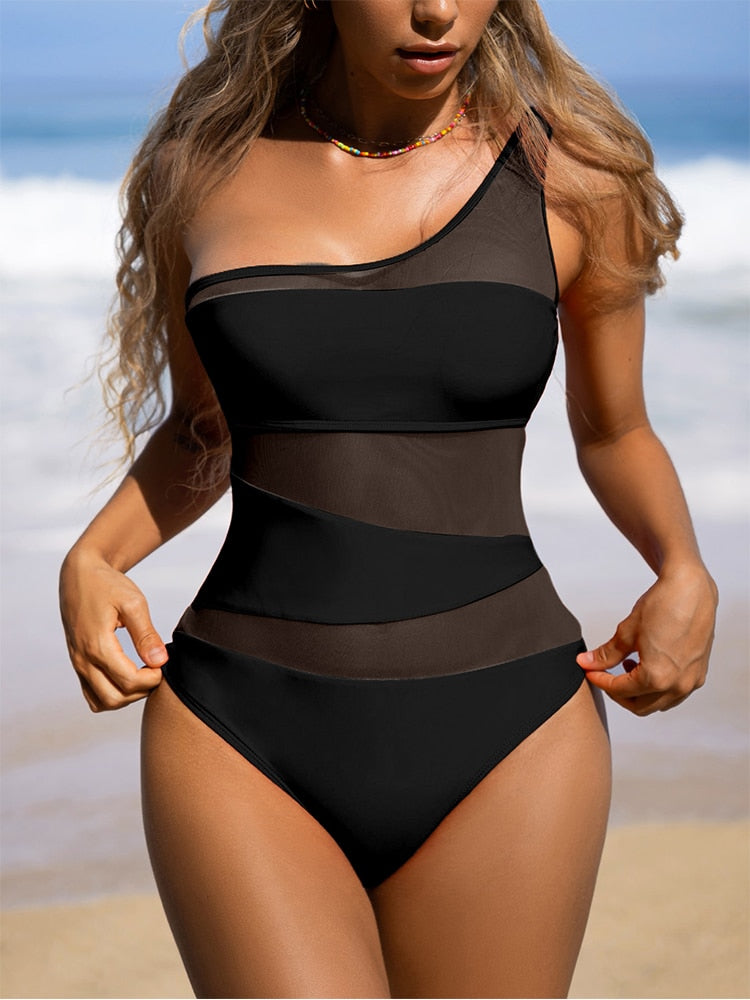 One shoulder Mesh Patchwork One-piece Swimsuit