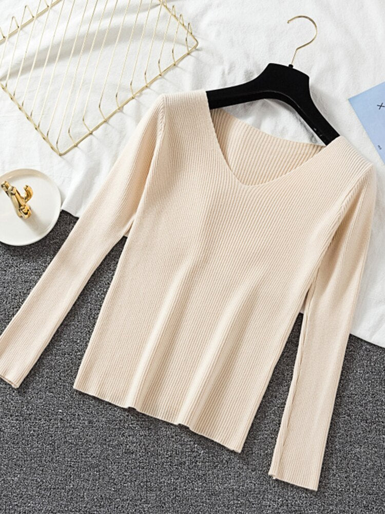 v neck long sleeve knitted pullover top