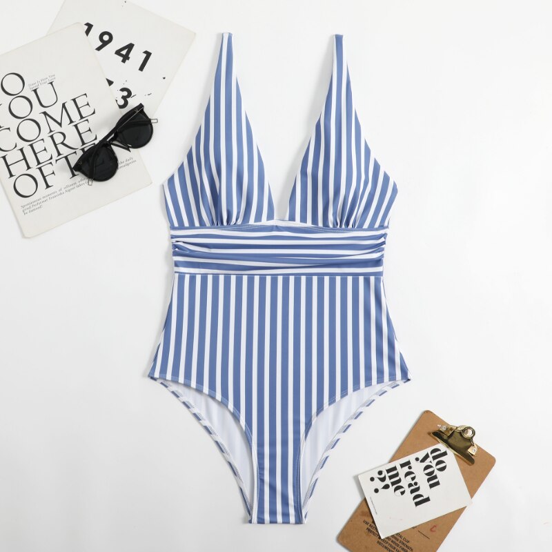 Striped Plunge One Piece Swimsuit