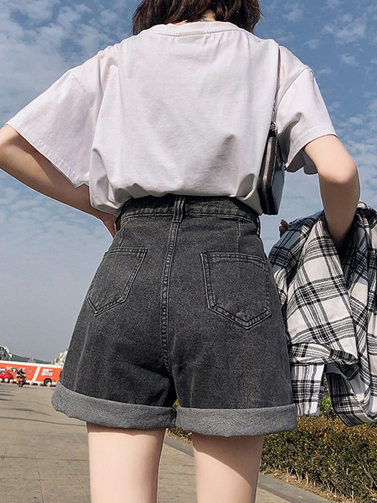 Women High Waist Button Wigh Leg Jeans Shorts