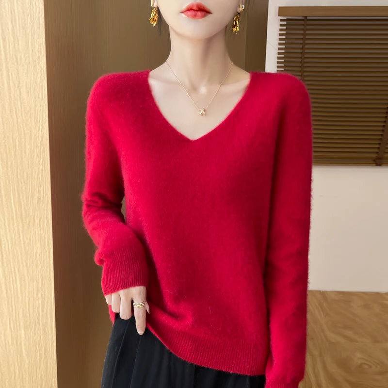 100% Merino Wool V-Neck Sweater Pullover Red CHINA