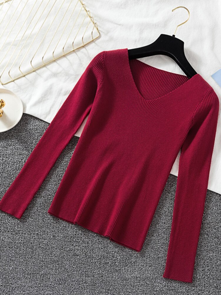 v neck long sleeve knitted pullover top