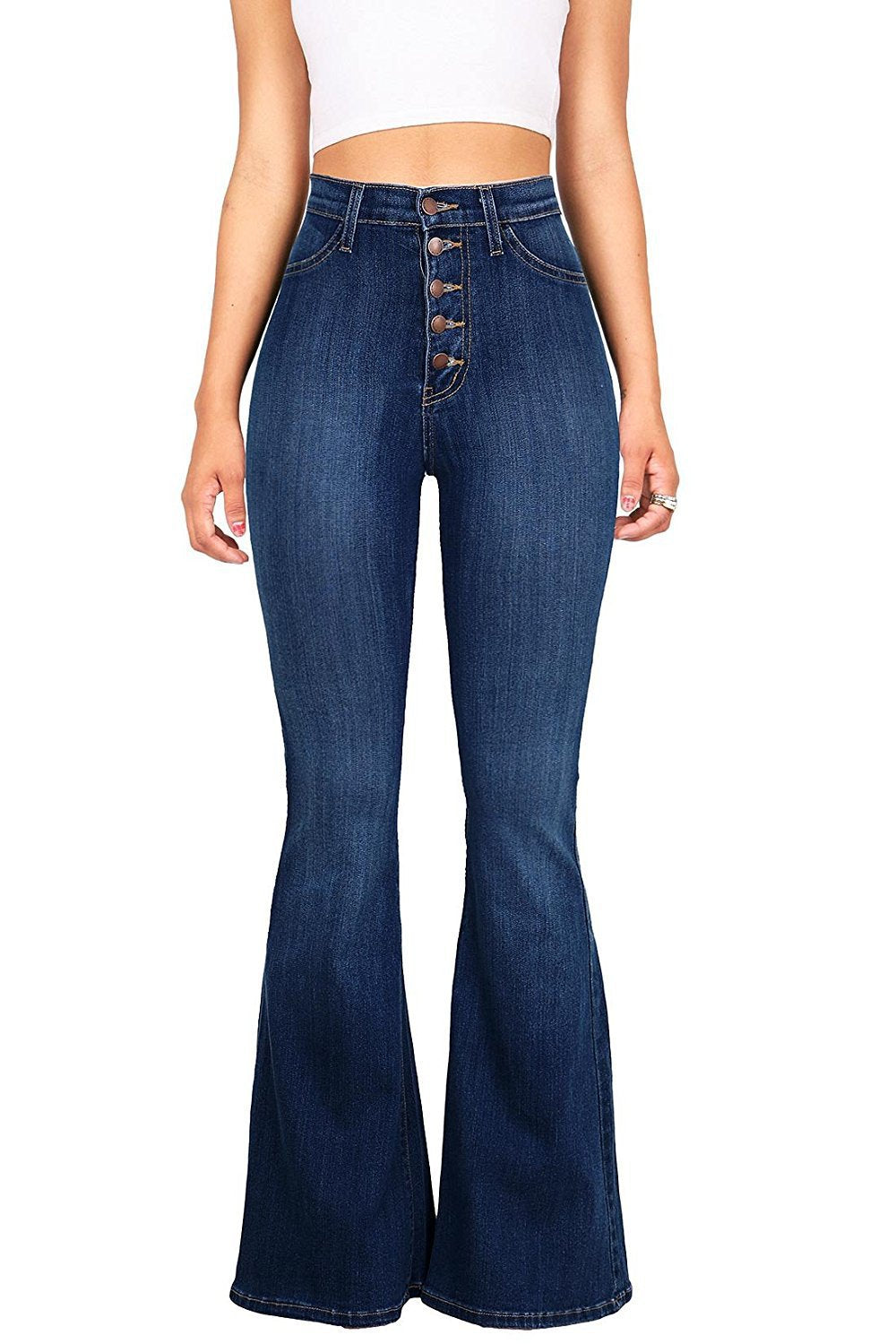 Women High Waist Flare Jeans Dark Blue