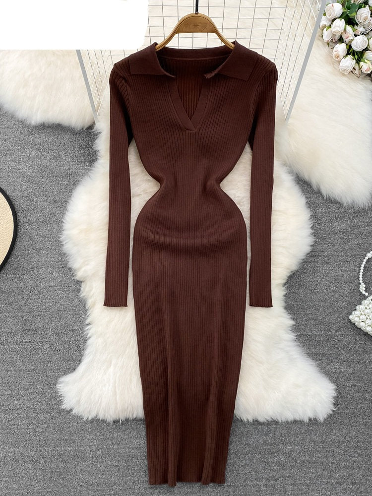 Long Sleeve turned down Neck Knitted Dress