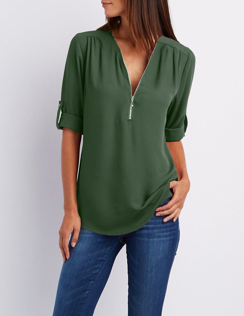 Women Chiffon Blouse Tops Army green