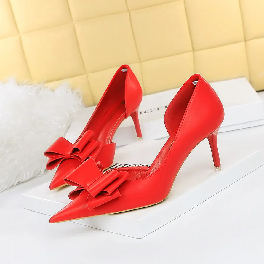 Bow pointed Stiletto high Heel Shoes Red7.5cm