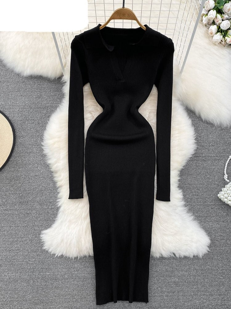 Long Sleeve turned down Neck Knitted Dress