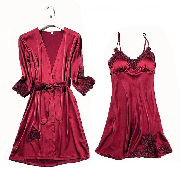 Satin Lace Pyjamas Set Burgundy Set - C