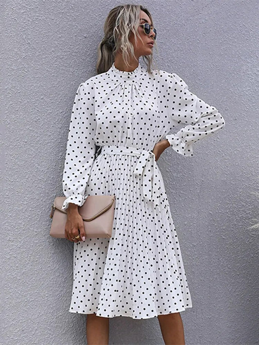 Polka dot long sleeve belt Dress