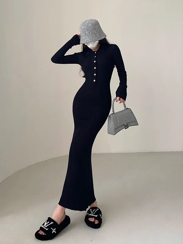 Single Breasted Long-sleeve Knitted Fishtail Dress black