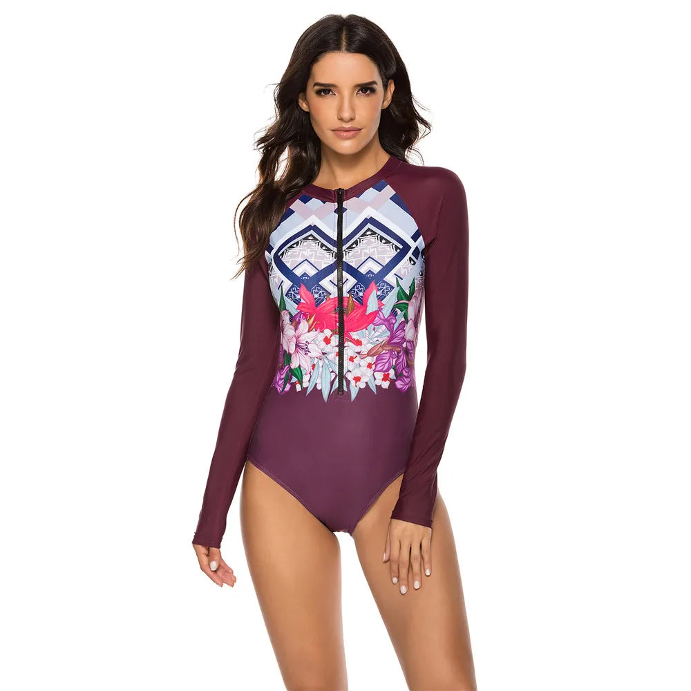 Women Print Zipper One Piece Swimsuit