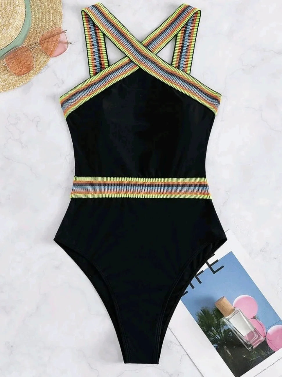 Criss Cross Neck Black Swimsuit