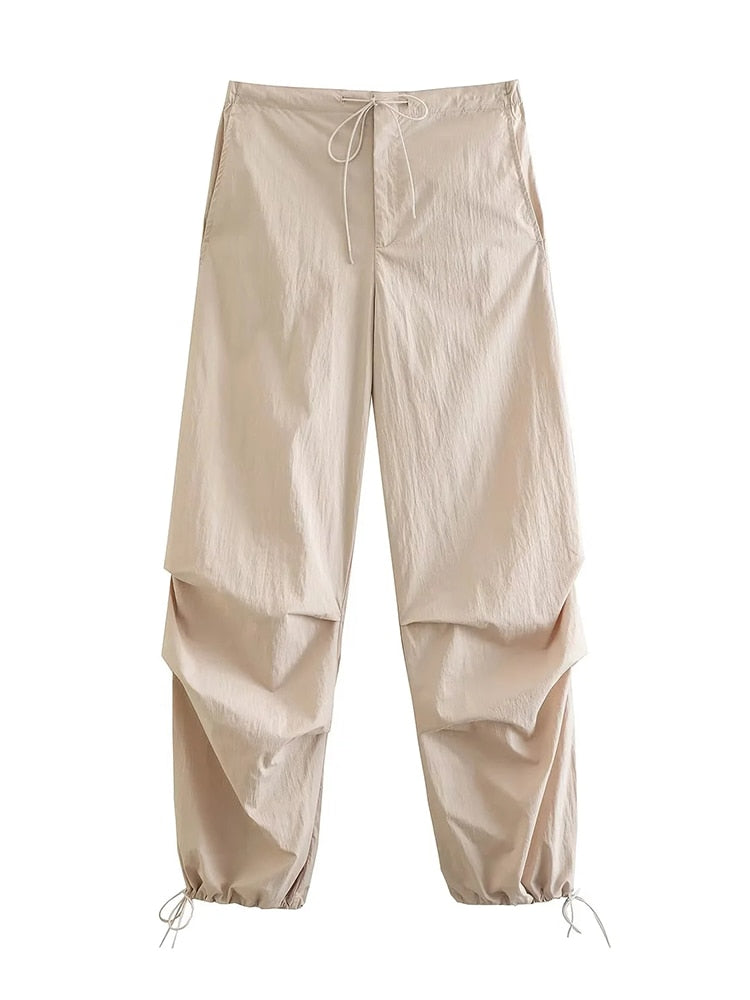 Women Fashion Parachute Cargo Pants Khaki