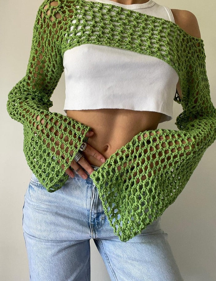 Summer Green Long Sleeve Smock Knitted Crop Top