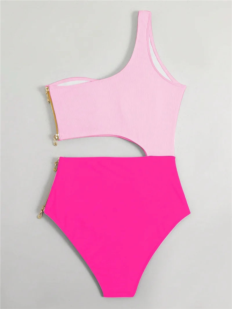 One Shoulder Cut Out Zipper Swimwear