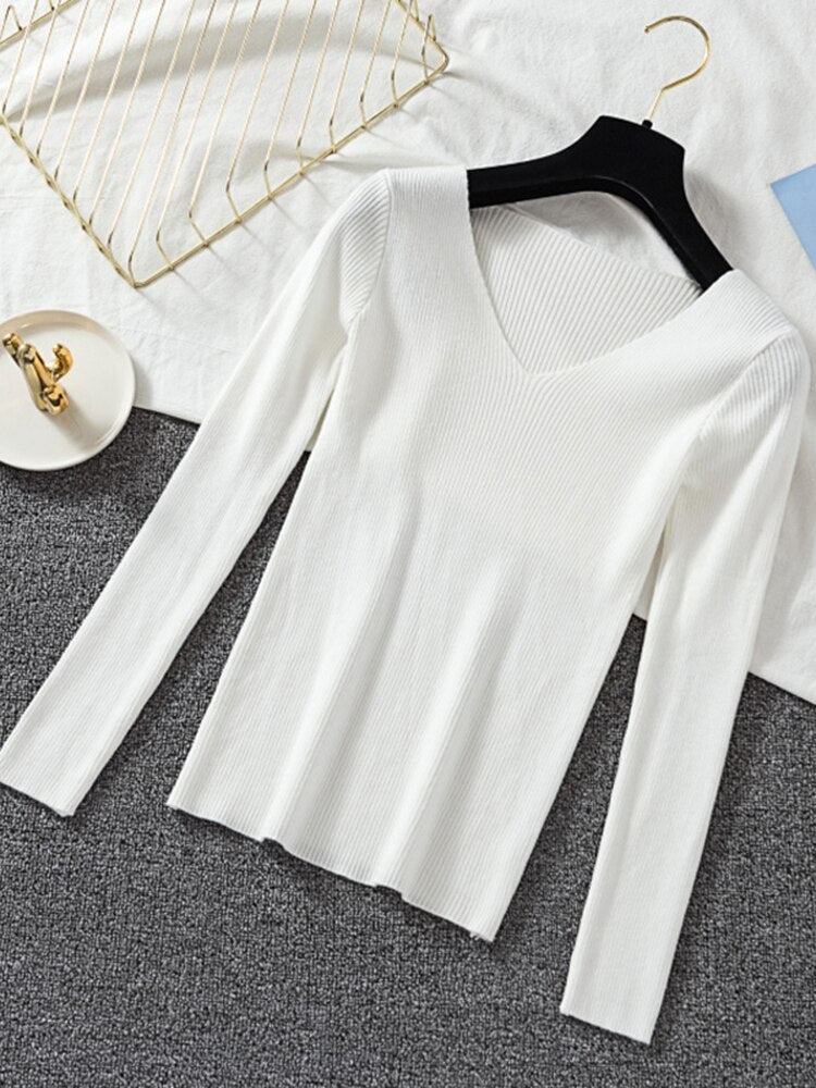 v neck long sleeve knitted pullover white top