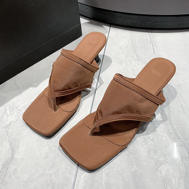 Toe post kitten heel sandals coffee color