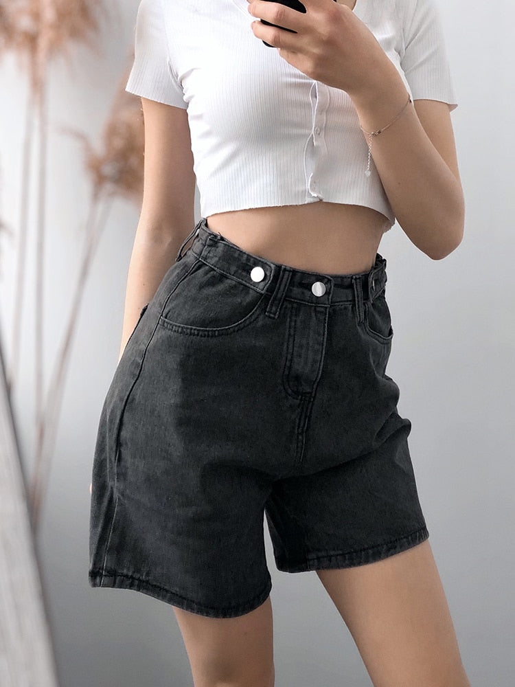 Women High Waist Button Wigh Leg Jeans Shorts