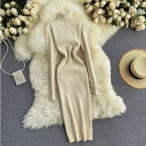 Turtle Neck Ribbed Knitted Dress Beige One Size