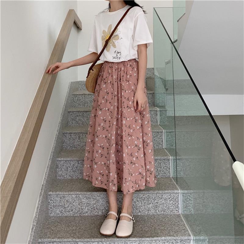 New Vintage Floral Print A-line Pleated Long Skirts Pink floral One Size