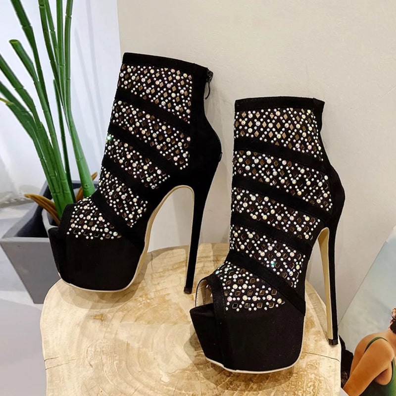 Autumn Hollow Out Rhinestone Mesh Ankle Boots