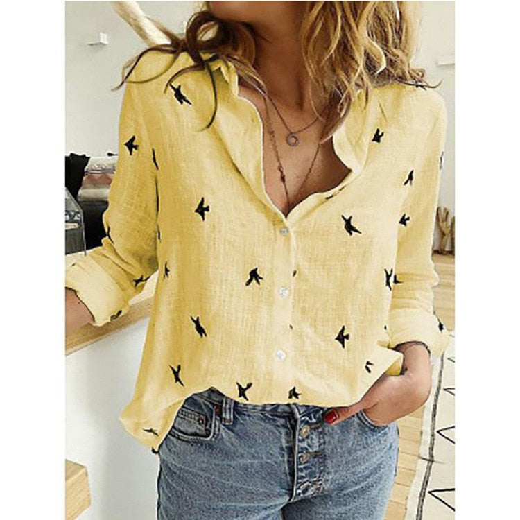 New Elegant Cotton Linen Shirts Birds Print Yellow