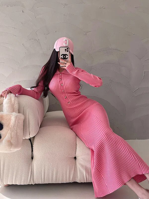 Single Breasted Long-sleeve Knitted Fishtail Dress pink