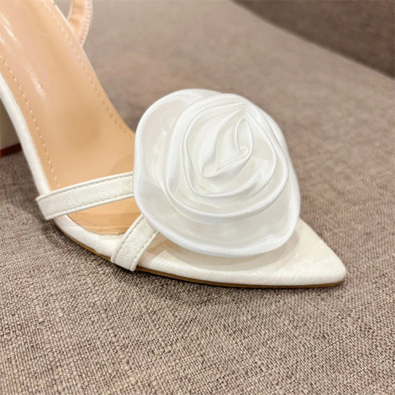 Fashion Satin Rose Flower Pointed Open Toe Back Strap high heels Sandals