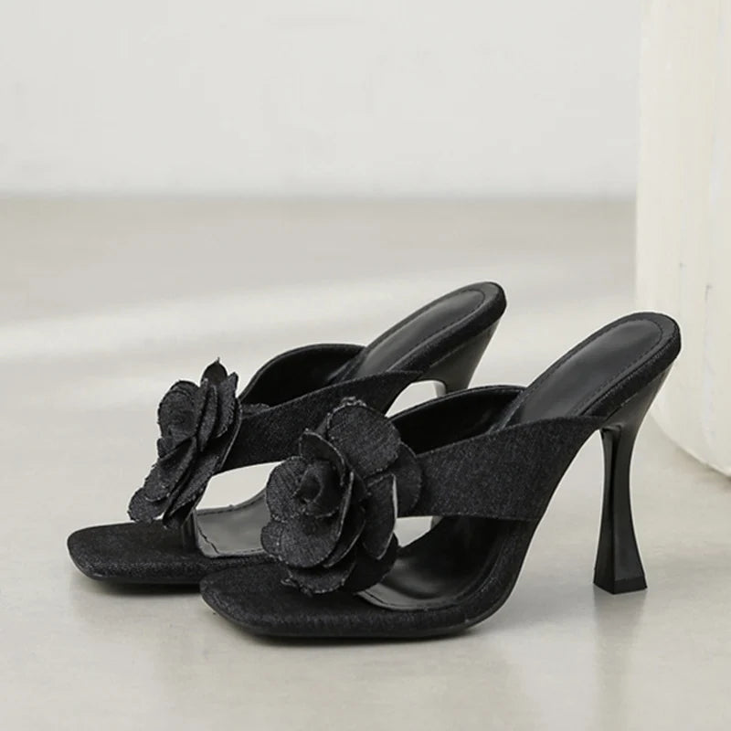 Flower detail Square Toe Thin High Heel Sandals Black