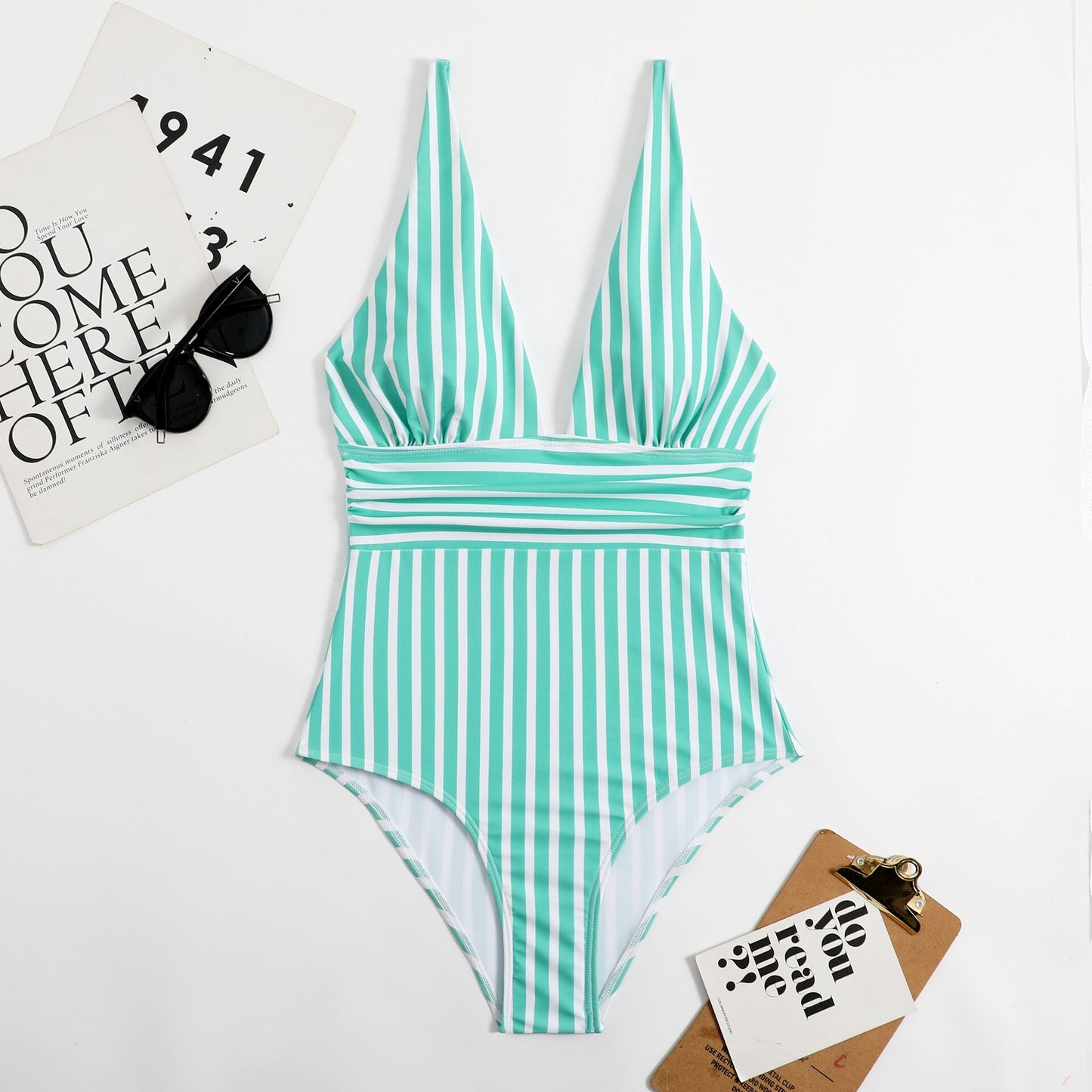 Striped Plunge One Piece Swimsuit