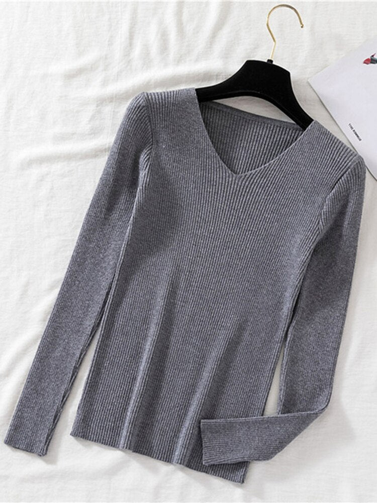 v neck long sleeve knitted pullover grey top