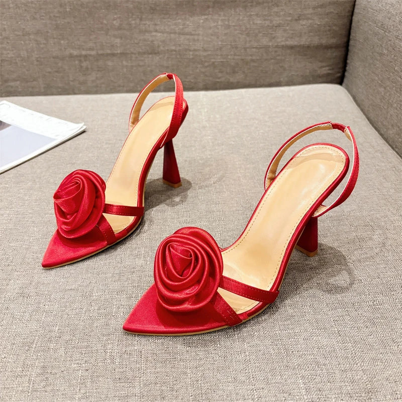 Fashion Satin Rose Flower Pointed Open Toe Back Strap high heels Sandals