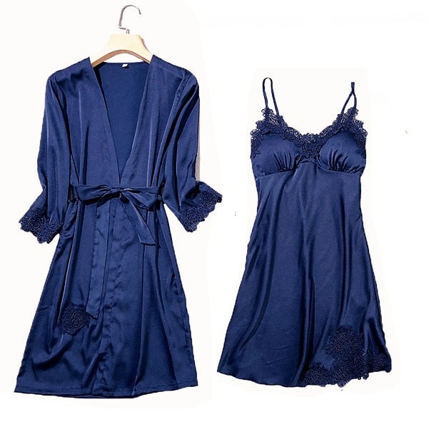 Satin Lace Pyjamas Set Navy Blue Set - C